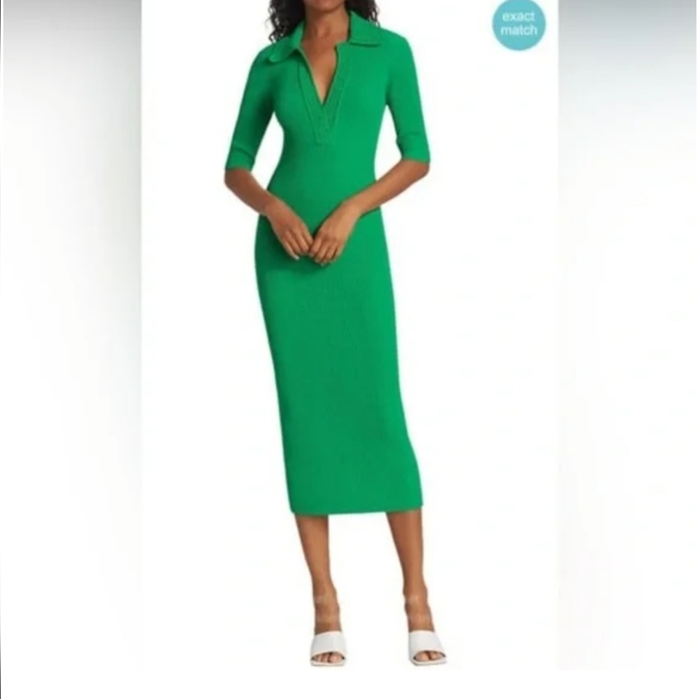 CAROLINE CONSTAS Green Ribbed Knit Dress with Crochet Collar Size XS